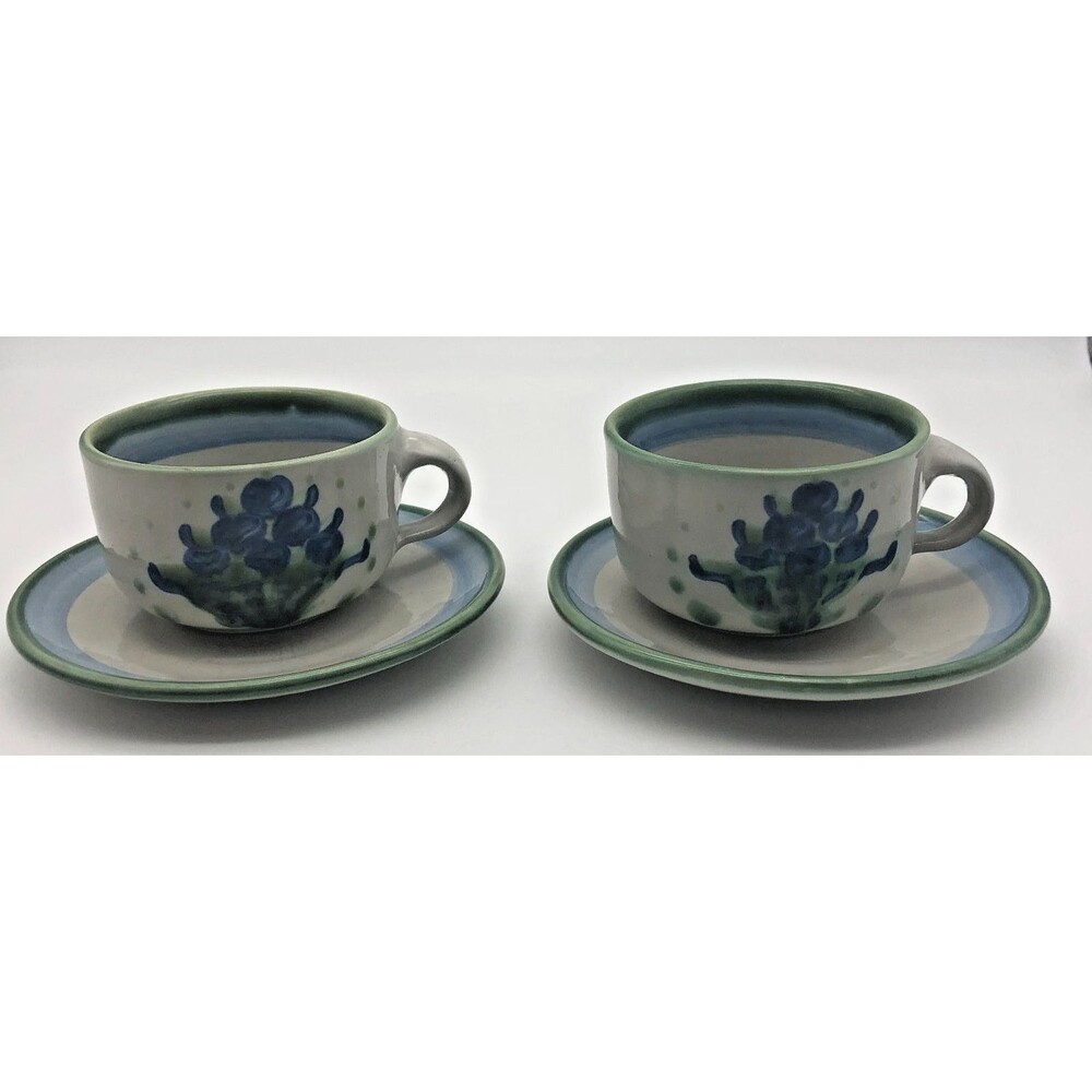MA Hadley Pottery Blueberry Bouquet Tea Cup and Saucer Set of 2